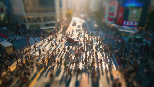 Busy intersection with many pedestrians crossing in warm sunlight
