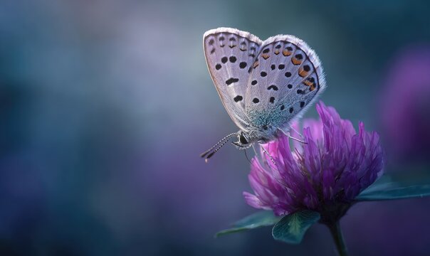 Delicate butterfly with spotted wings rests on a vibrant purple clover bloom