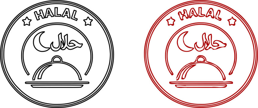 Halal Food Icon Set &ndash; Minimal Vector Certification and Serving Symbols for mobile apps, websites, packaging, and Islamic food branding.