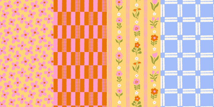 Vector set of hand drawn seamless pattern in simple doodle sketchy floral wavy and groovy naive style, dopamine and cottage core aesthetic, delicate gentle girlie backgrounds