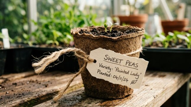 Sweet peas growing in biodegradable pot with planting details for eco-friendly gardening