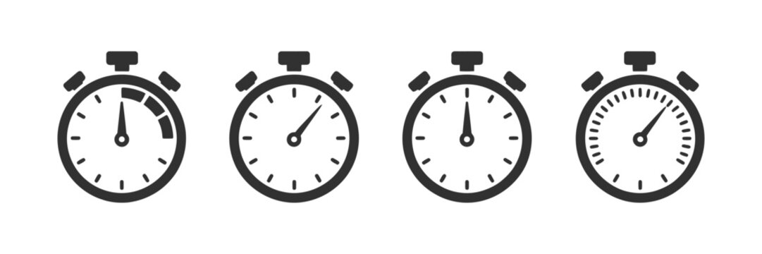 Timer Icon Set with Stopwatch and Clock Countdown Symbols, Chronometer and Deadline Icons for Time Management, Start and Finish Indicators, Vector Illustration for UI, Apps, and Infographic Design
