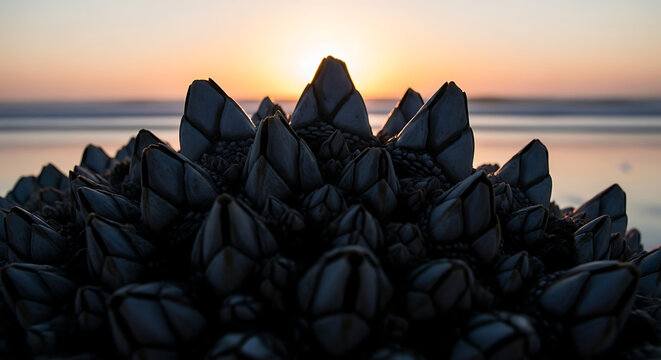 Close-up of a cluster of gooseneck barnacles with the sunset in the background.