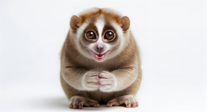 Cute slow loris primate sitting isolated looking forward with large round eyes set.