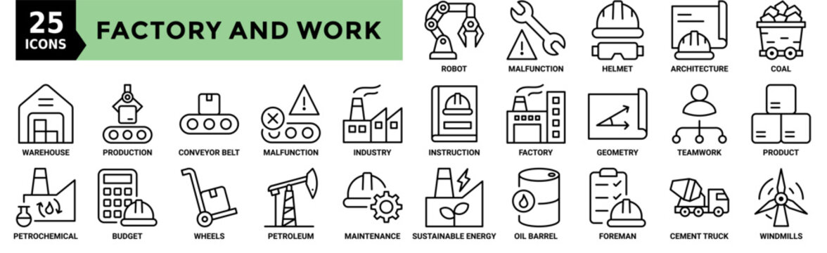Factory and work icon collection set. Containing robot malfuction, factory, foreman, coal, product and more. Outline vector icons collection