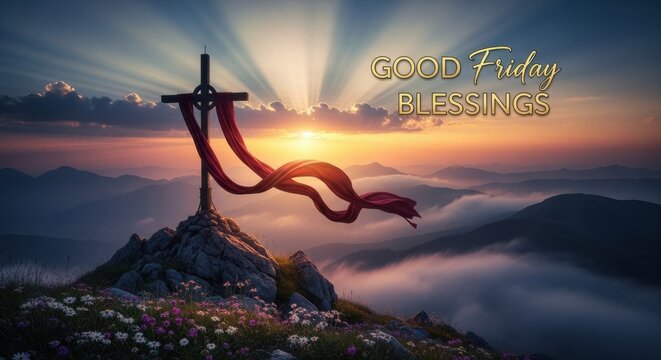 A lone cross stands on a rocky precipice with a vibrant sunset painting the sky and clouds below, offering a poignant visual of Good Friday blessings and hope.