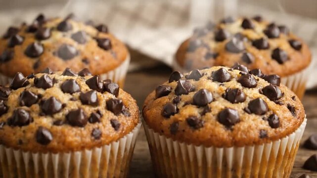  Chocolate chip muffins close up showing rich toppings and delicious freshly baked goodness
