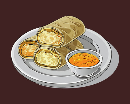 Tasty fried spring roll snacks served with a side of spicy sauce on a gray plate - Vector Illustration