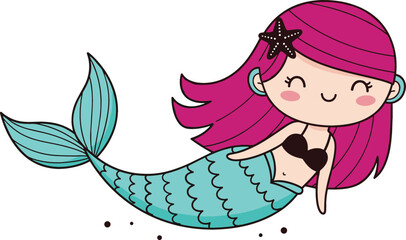 Naklejka premium Cute mermaid character with pink hair and fish tail cartoon vector illustration isolated on white background for kids fantasy design