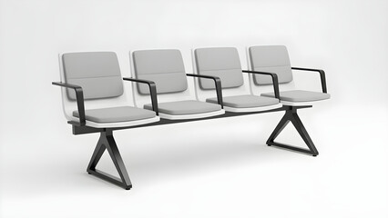 Fototapeta premium Three gray chairs with black metal frames are arranged side by side on a white floor in a modern seating arrangement.
