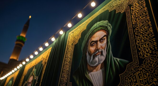 An intense, close-up portrait of a bearded man in a green turban, set against a backdrop of a mosque minaret and illuminated string lights, conveying deep spiritual significance.