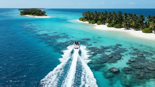 An aerial view showcases a speedboat navigating the turquoise waters of a tropical island paradise.
