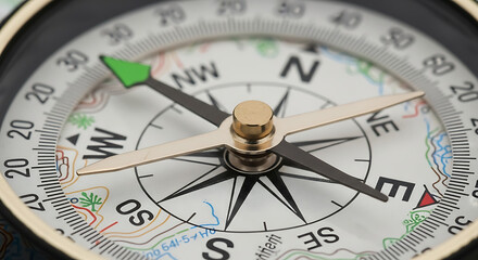 Fototapeta premium Close-up of a compass pointing towards the west direction navigation tool.