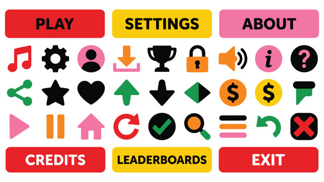 Flat game interface button collection including navigation icons and menu control symbols.