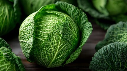 Fototapeta premium Fresh green cabbage close-up on dark wooden surface, showcasing vibrant textures.