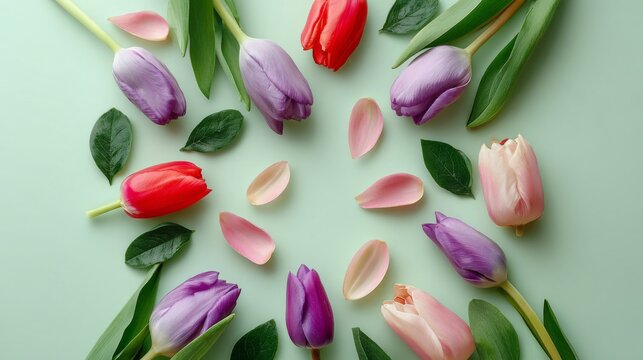 Colorful blooming tulips arranged in a circular pattern on soft green background.