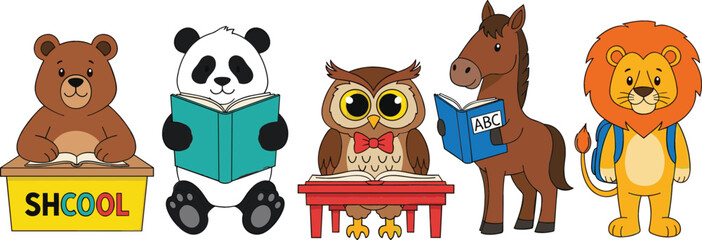 Cute animals learning at school set with bear panda owl horse and lion cartoon vector illustration isolated on white background for education design © Jahangir