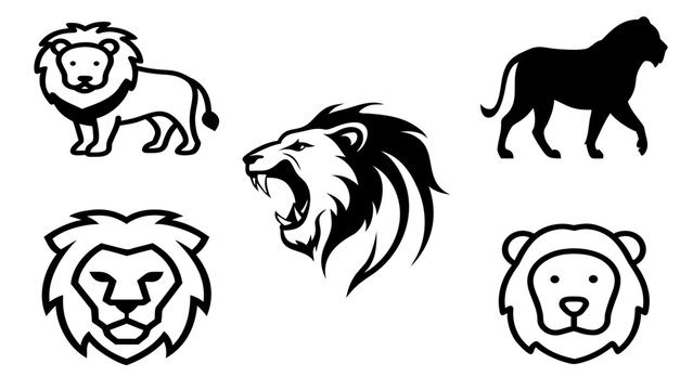 Lion head and roaring wild animal silhouette icon collection, safari predator mascot, jungle wildlife outline logo elements transparent vector illustration set