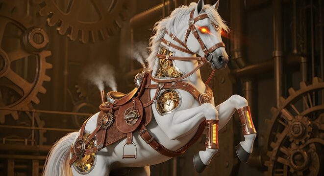 Mechanical steampunk horse sculpture with glowing eyes and clockwork gear details.