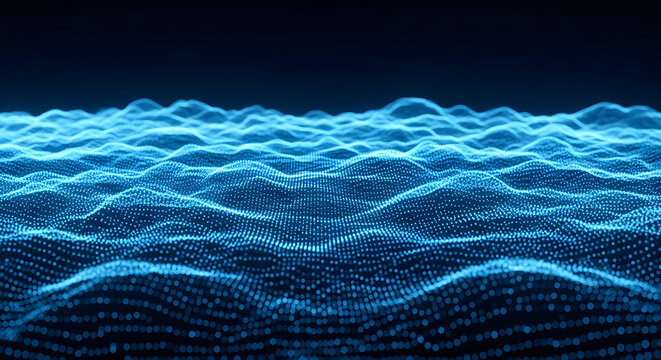 Vibrant blue waves of light undulate across a digital landscape at night.