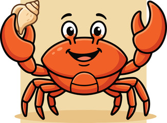 Fototapeta premium Smiling cartoon crab holding shell.