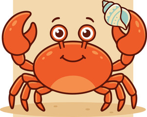 Fototapeta premium Smiling Cartoon Crab Holding Shell.