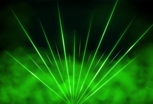 Laser light show. Green laser beams against a smoke background. Glowing stripes. Bright light effect. Abstract vector illustration isolated on a black background.