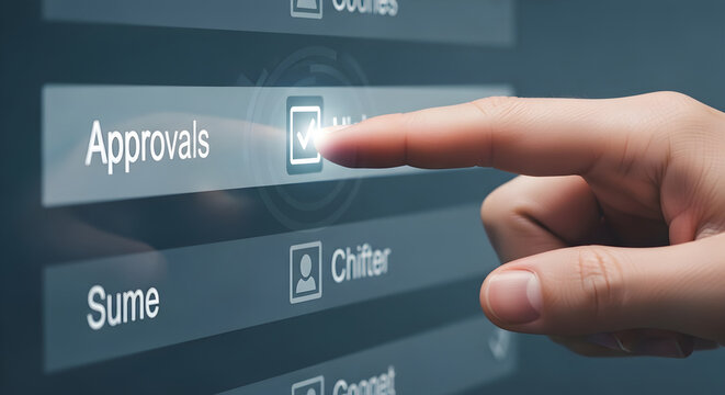A finger clicks on an Approvals button on a digital interface screen.