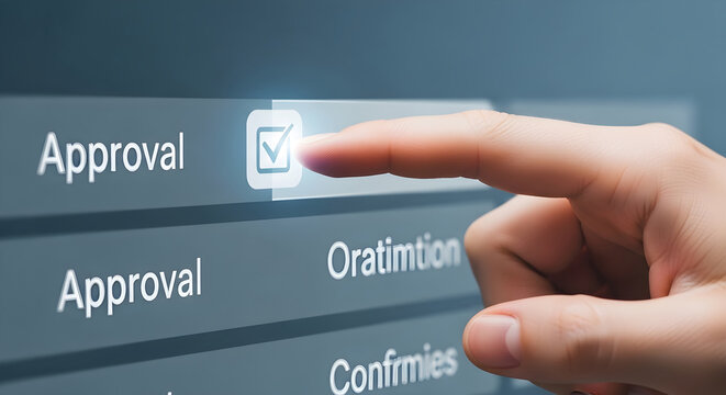 A finger clicks an approval checkbox on a digital interface screen.