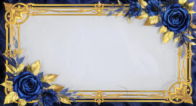 Elegant blue and gold floral frame with blank space.