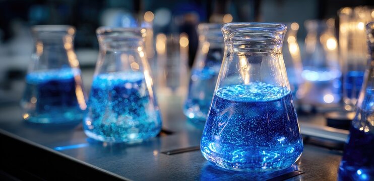 Rows of flasks with glowing blue liquid in laboratory setting