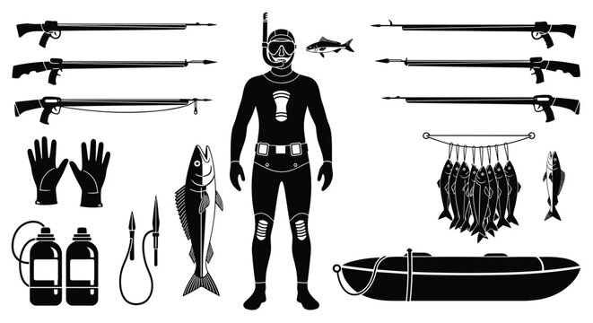 Spearfishing and Diving Equipment Silhouette Set