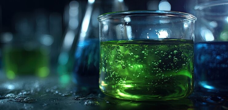 Bubbling green liquid in glass beaker on a dark, wet laboratory surface