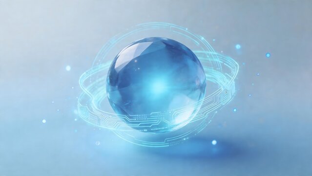 Blue glowing sphere with orbiting circuit