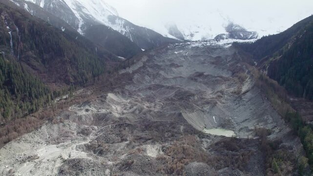 Drone view of Zhuxi glacier in Bomi County, Nyingchi, Tibet, China. High angle view of beautiful green glacial barrier lake among forest and gray rock, 4k real time footage b roll shot, travel concept
