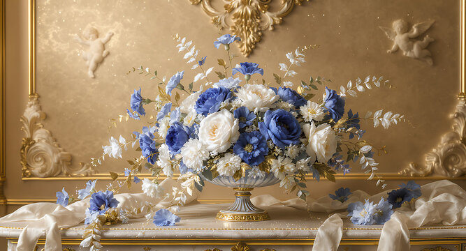 Elegant blue and white floral arrangement in a luxurious setting.