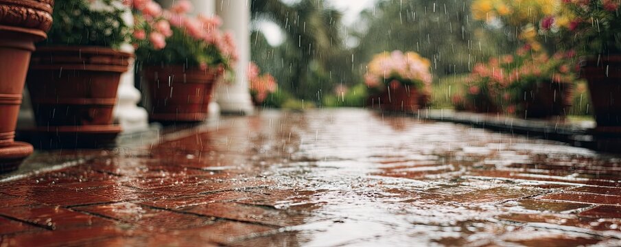 Potted flowers on a wet brick patio during a rain shower