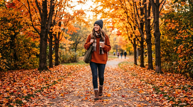 Young woman walking through a glowing autumn park with coffee in hand