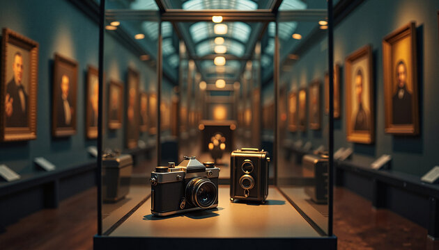 Vintage camera collection displayed in museum hall, celebrating history