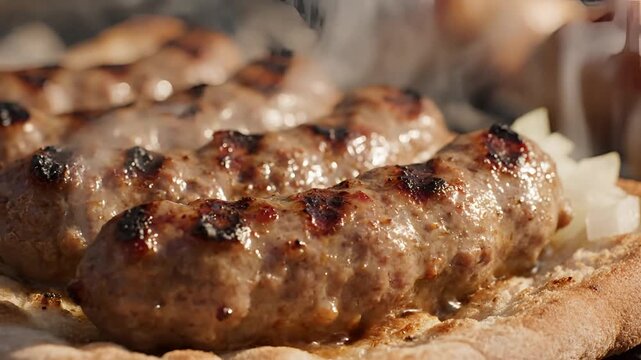 Closeup of delicious grilled cevapcici sausages sizzling on a grill with onions.
