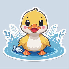 Obraz premium Cute cartoon duckling with a fish in water