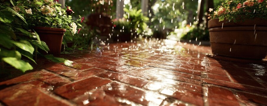 Sunlight glistens on wet brick path with falling raindrops, potted plants nearby