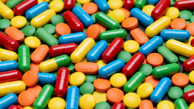 Abstract background of assorted colorful generic pharmaceutical pills and capsules carpet.