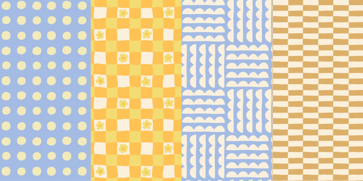 Vector seamless patterns set in hand drawn doodle sketchy style with ocean waves, stripes and checks, abstract backgrounds for posters, summer sea side vacations holiday prints