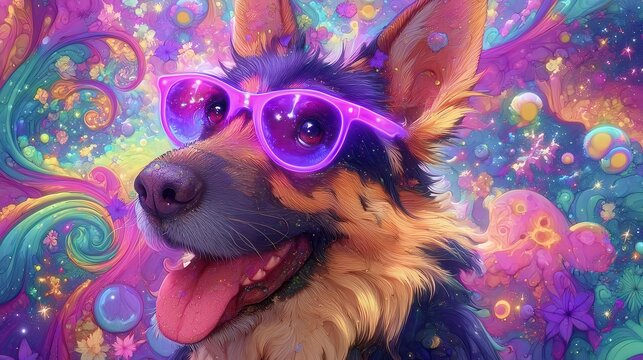 Trendy watercolor german shepherd dog wearing pink glasses against a vibrant rainbow swirling background whimsical pet portrait clipart for modern and creative digital art projects