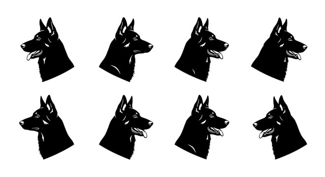 Dogs silhouette set with various head angles and expressions featuring black, white, animal with pet and canine elements for profile, side view