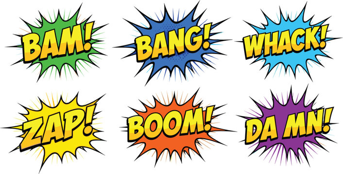 Set of Comic-style Action Words with Explosive Sound Effects Including BAM, ZAP, BANG, and BOOM for Cartoon and Pop Art Design