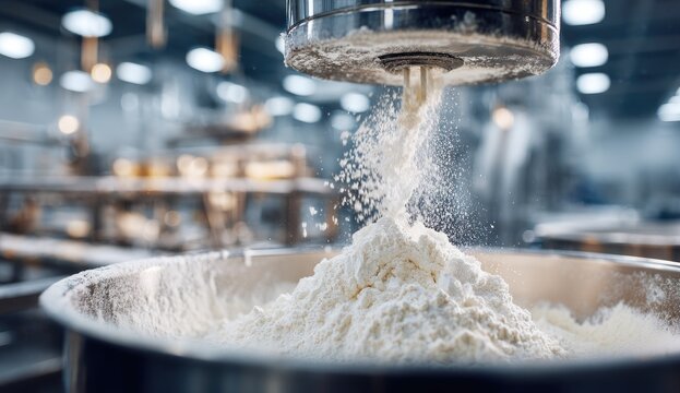 Powdered ingredient is dispensed into a large metal bowl within a factory