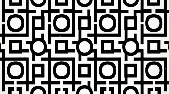 Geometric pattern of interconnected squares and circles creating a tessellating optical illusion with a monochromatic black and white aesthetic