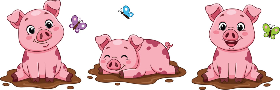 Set of Cute Pink Pigs Playing in Mud with Butterflies for Farm Animals, Wildlife, and Nature Vector Illustration